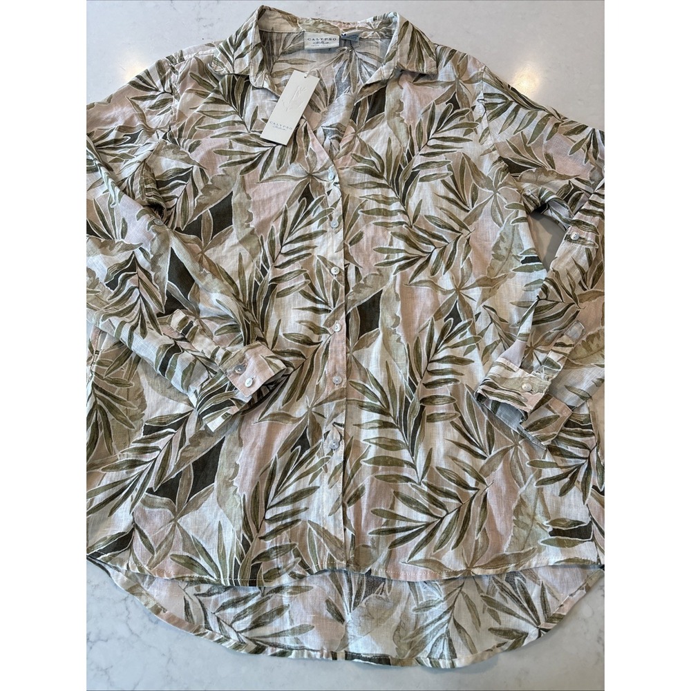 Calypso St. Barth Blue White Floral Linen Woven V-Neck Button Blouse M